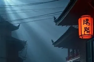 雨天街道上撑伞侦探的背影示意，水洼倒映着旧式路灯